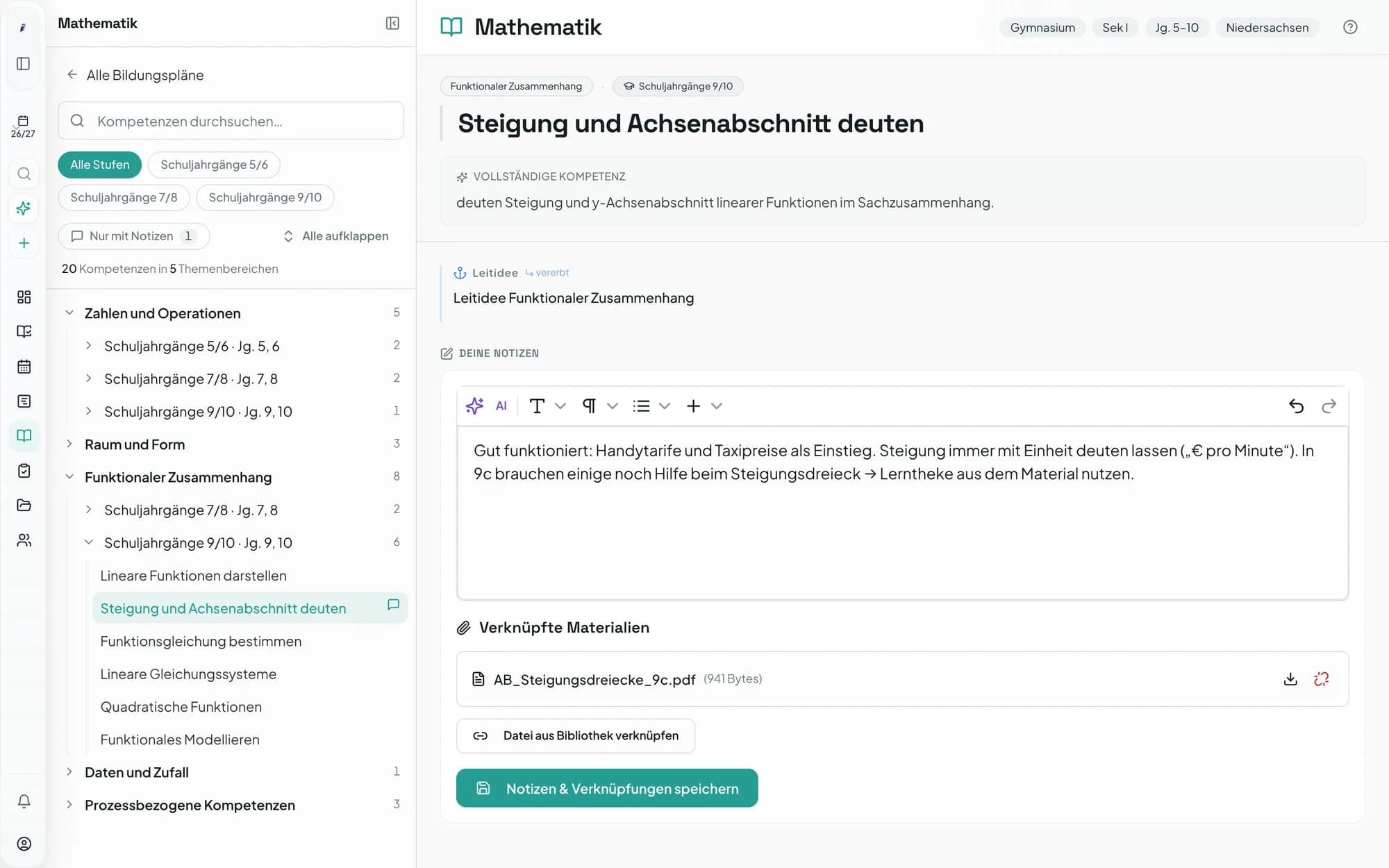 Kerncurriculum Mathematik mit Kompetenz, eigener Notiz und verknüpftem Arbeitsblatt